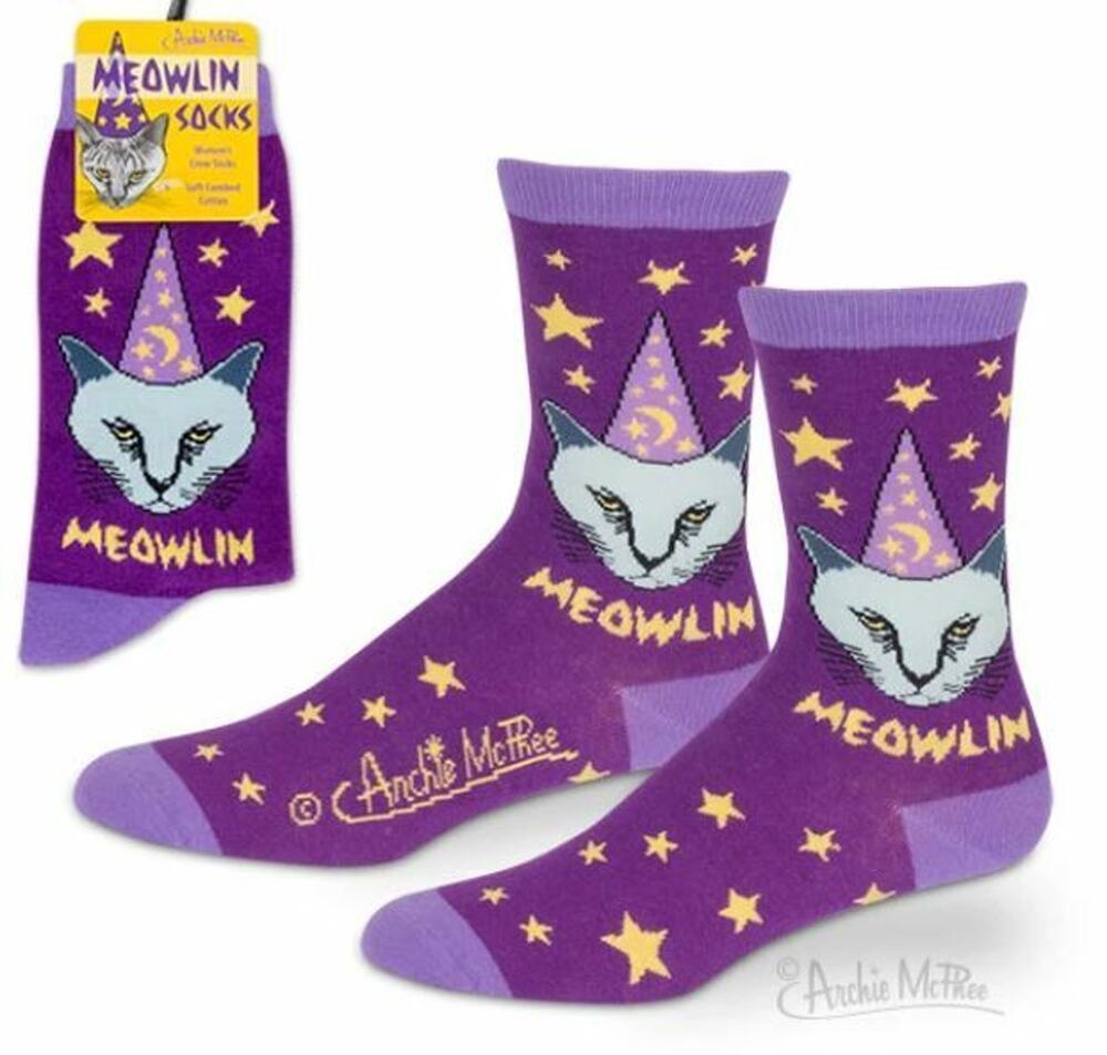 New Soft Magical Purple Yellow Stars Meowlin Merlin the Magic Cat Kitten Socks